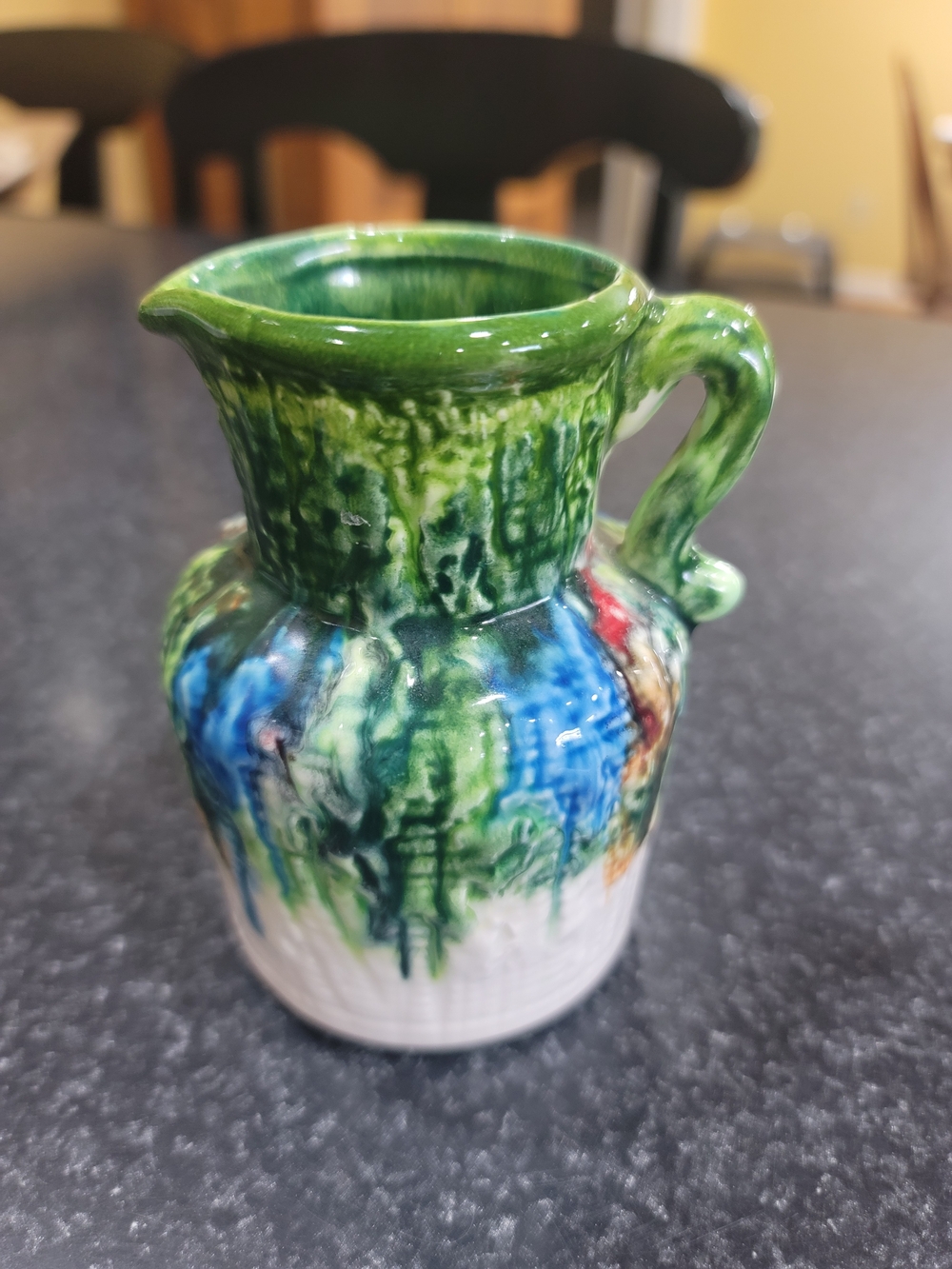 Vintage small drip-glaze ceramic pitcher Green Blue Red
